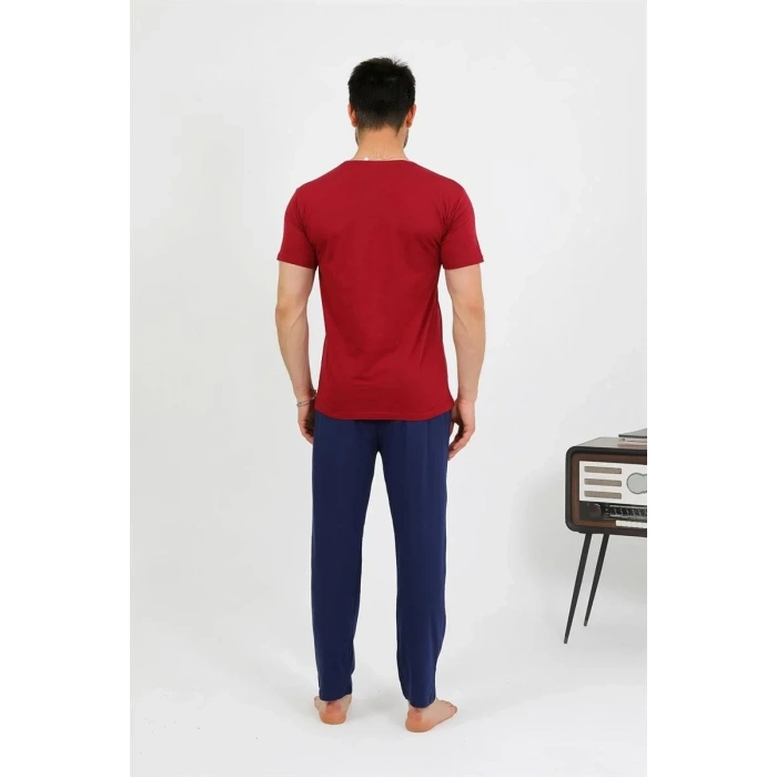 Moda Erkek Pamuk Kısa Kol Pijama Takım Bordo