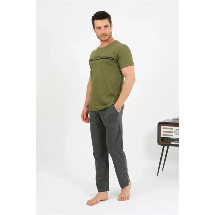 Moda Erkek Pamuk Kısa Kol Pijama Takım Haki