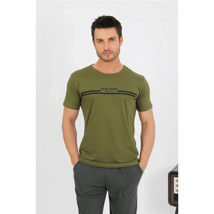 Moda Erkek Pamuk Kısa Kol Pijama Takım Haki