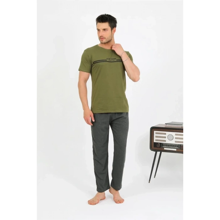 Moda Erkek Pamuk Kısa Kol Pijama Takım Haki