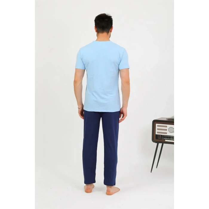 Moda Erkek Pamuk Kısa Kol Pijama Takım Mavi