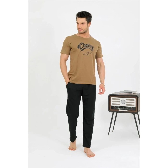 Moda Erkek Pamuk Kısa Kol Pijama Takım Vizon