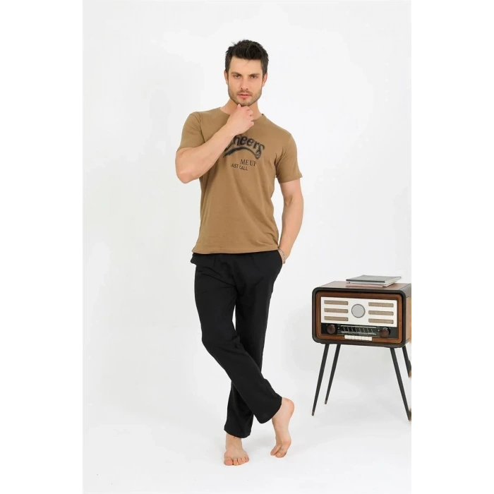 Moda Erkek Pamuk Kısa Kol Pijama Takım Vizon