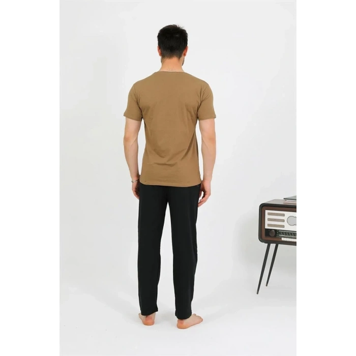Moda Erkek Pamuk Kısa Kol Pijama Takım Vizon