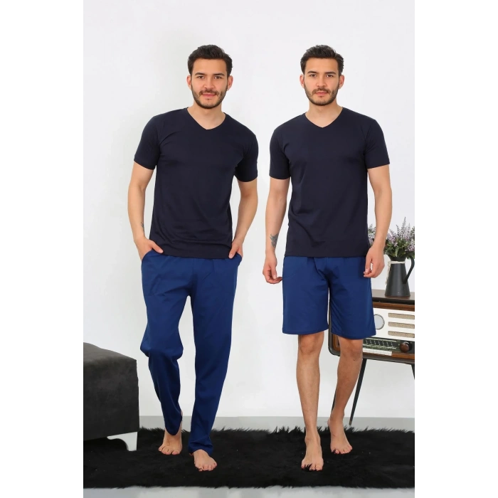 Moda Erkek Penye 3lü Lacivert V Yaka Pijama Takımı