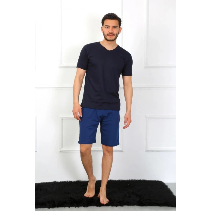 Moda Erkek Penye 3lü Lacivert V Yaka Pijama Takımı