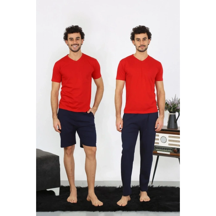 Moda Erkek Penye Kırmızı 3lü Pijama Takımı