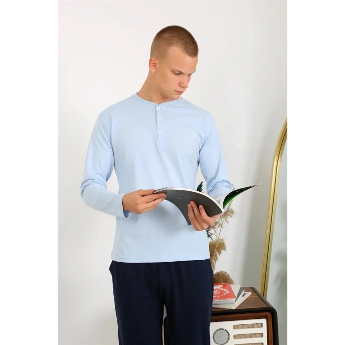Moda Erkek Penye Uzun Kol Pijama Takımı Buz Mavisi