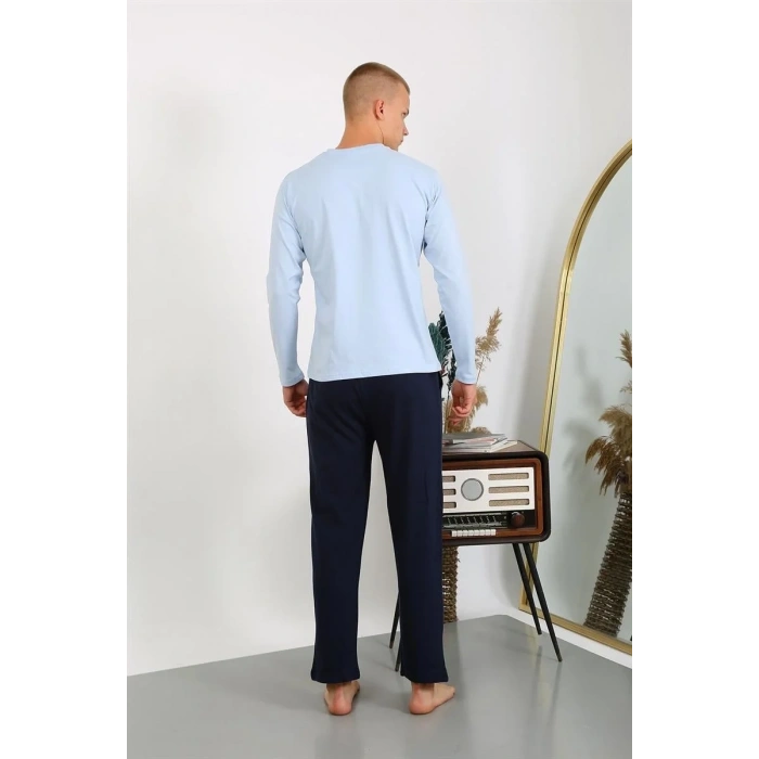 Moda Erkek Penye Uzun Kol Pijama Takımı Buz Mavisi