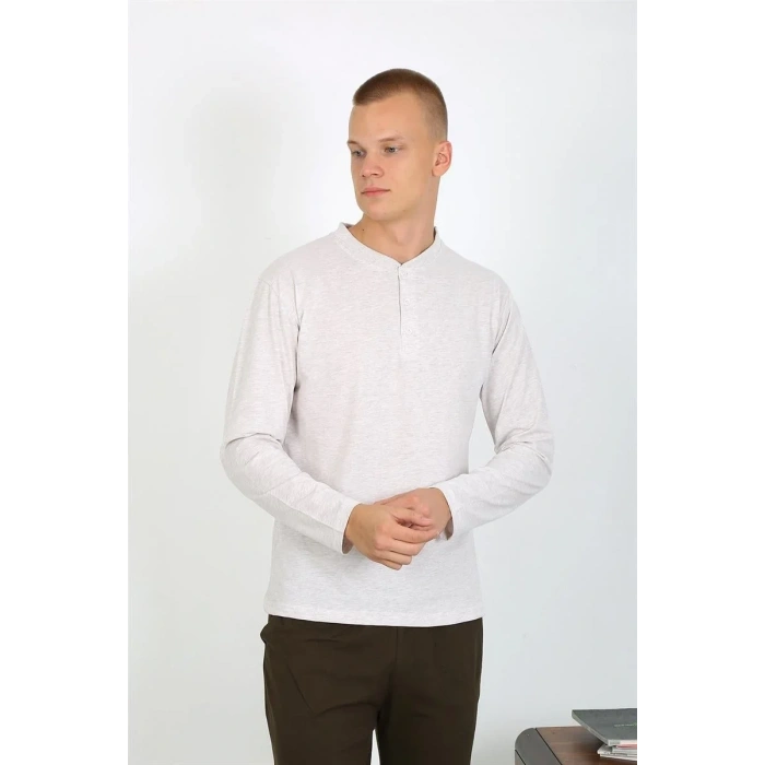 Moda Erkek Penye Uzun Kol Pijama Takımı Ekru