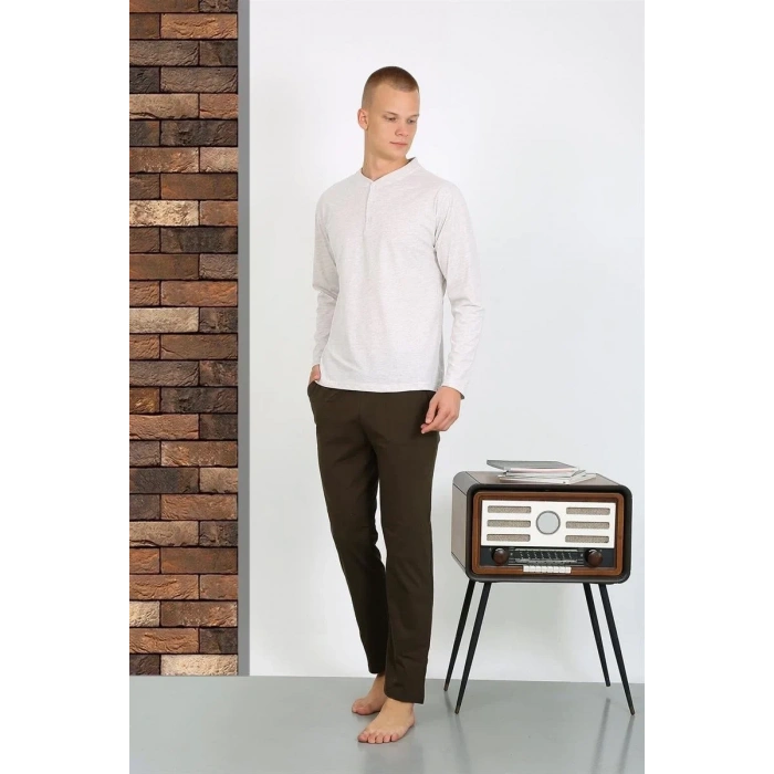 Moda Erkek Penye Uzun Kol Pijama Takımı Ekru