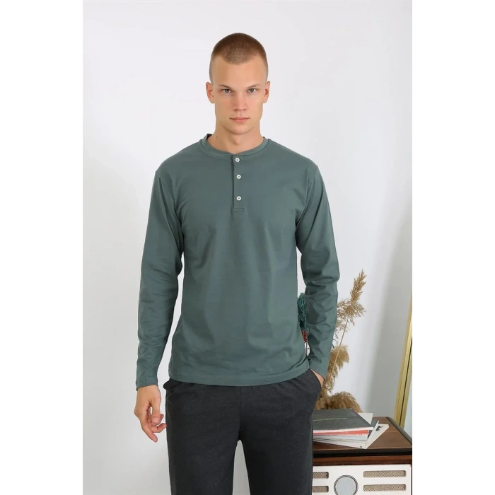 Moda Erkek Penye Uzun Kol Pijama Takımı Haki