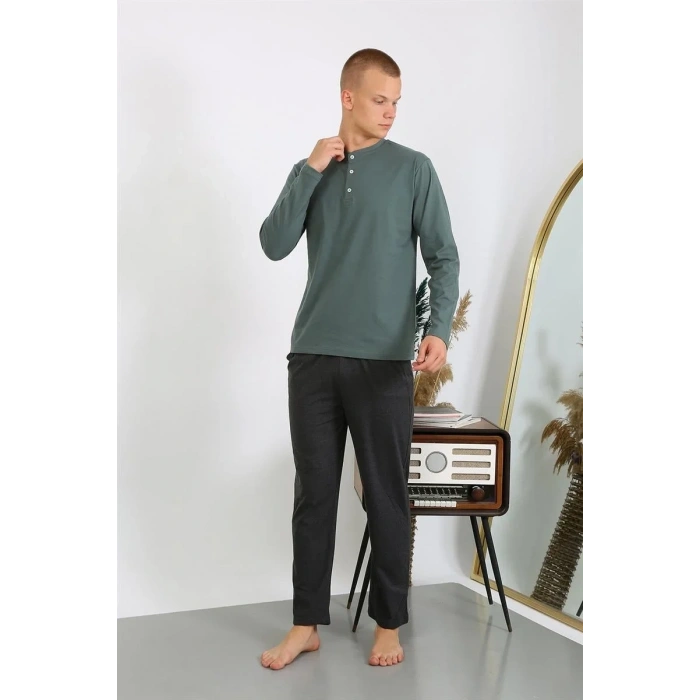 Moda Erkek Penye Uzun Kol Pijama Takımı Haki