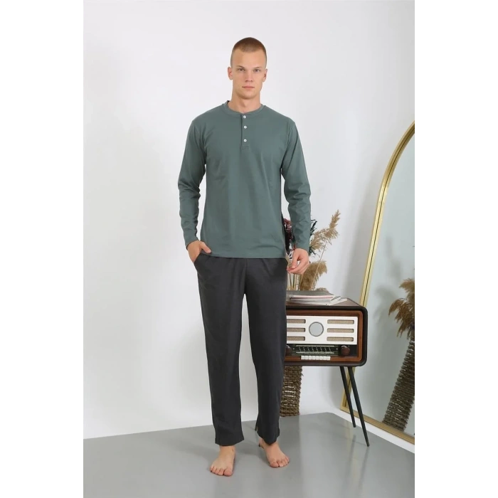 Moda Erkek Penye Uzun Kol Pijama Takımı Haki