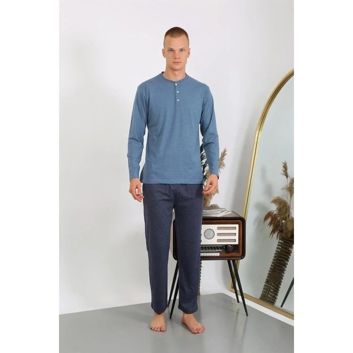 Moda Erkek Penye Uzun Kol Pijama Takımı İndigo