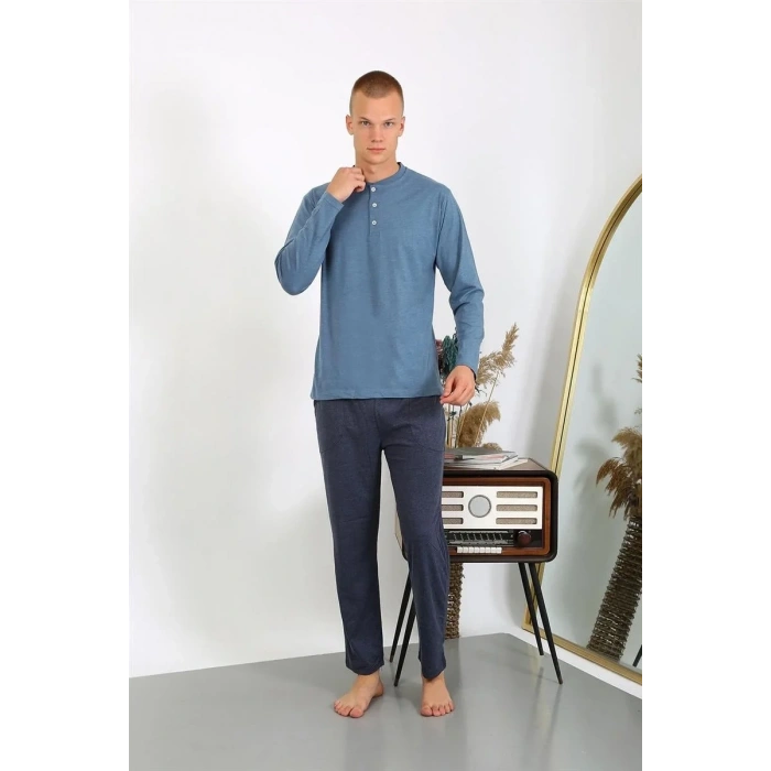 Moda Erkek Penye Uzun Kol Pijama Takımı İndigo