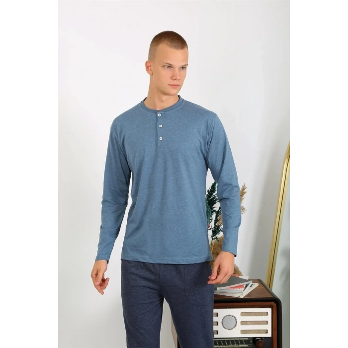 Moda Erkek Penye Uzun Kol Pijama Takımı İndigo
