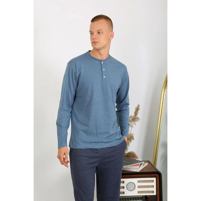 Moda Erkek Penye Uzun Kol Pijama Takımı İndigo