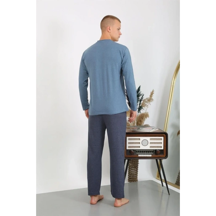Moda Erkek Penye Uzun Kol Pijama Takımı İndigo