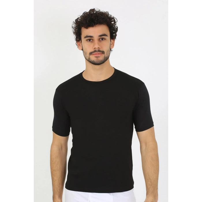 Moda Erkek Sıfır Yaka Likralı Siyah T-Shirt