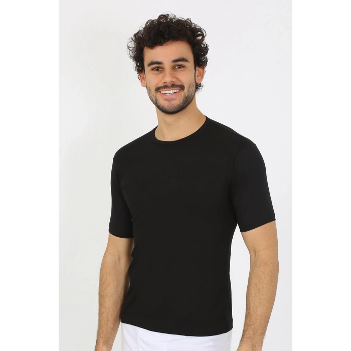 Moda Erkek Sıfır Yaka Likralı Siyah T-Shirt