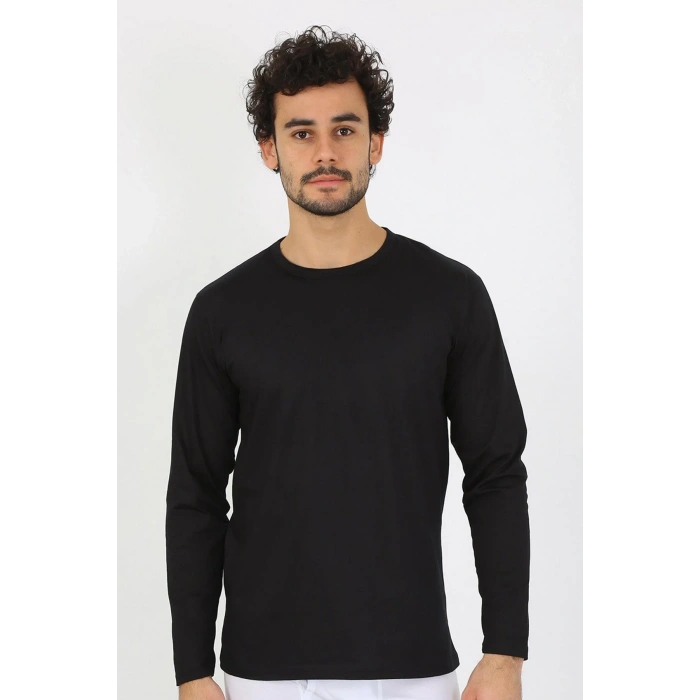 Moda Erkek Sıfır Yaka Uzun Kol Siyah Fanila
