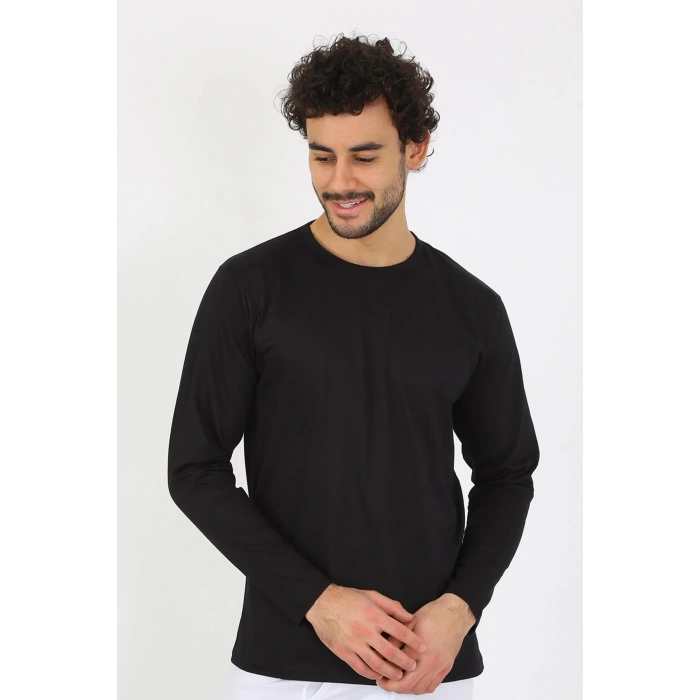 Moda Erkek Sıfır Yaka Uzun Kol Siyah Fanila