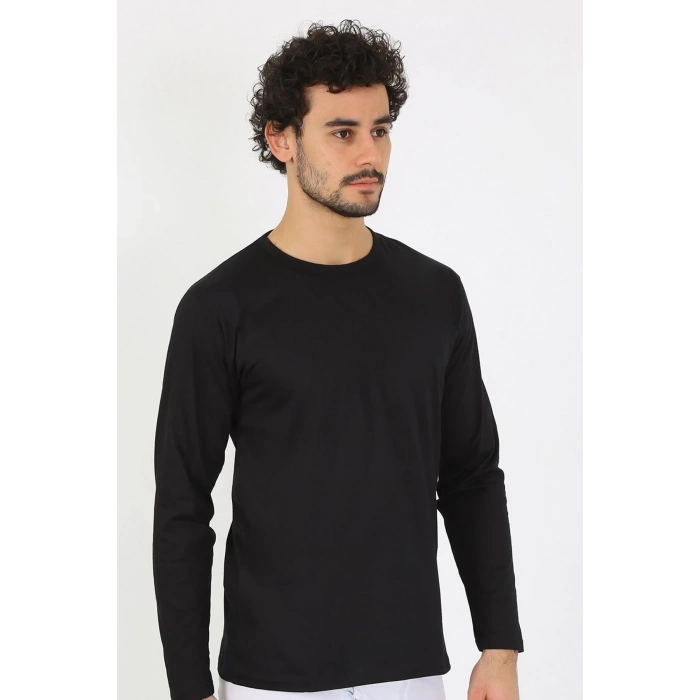 Moda Erkek Sıfır Yaka Uzun Kol Siyah Fanila