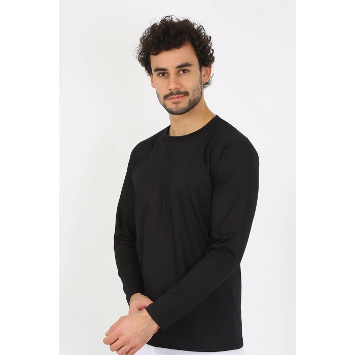 Moda Erkek Sıfır Yaka Uzun Kol Siyah Fanila
