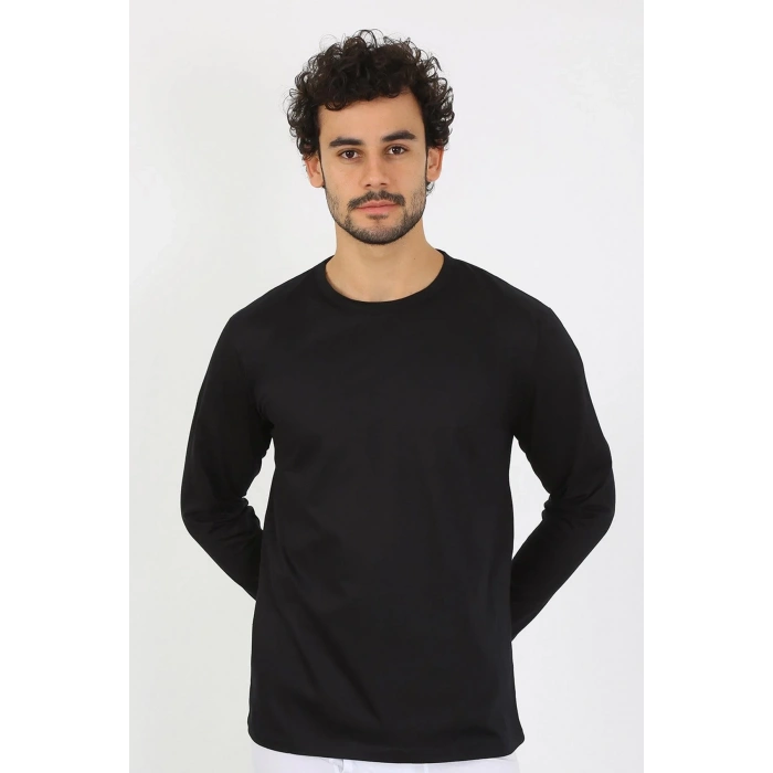 Moda Erkek Sıfır Yaka Uzun Kol Siyah Fanila