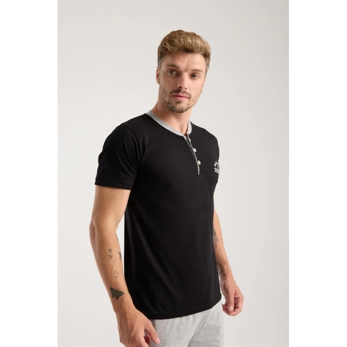 Moda Erkek Siyah Düğmeli Yaka Kısa Kol Pijama Takımı