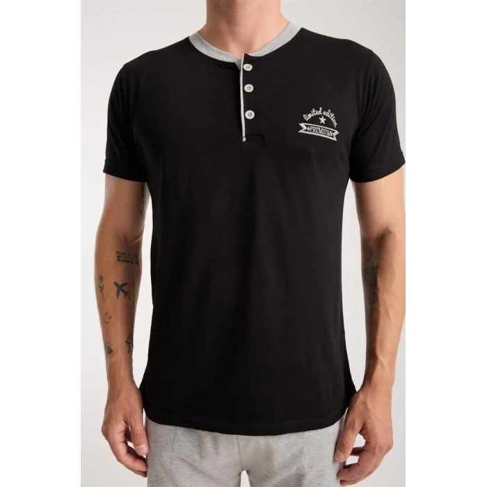 Moda Erkek Siyah Düğmeli Yaka Kısa Kol Pijama Takımı