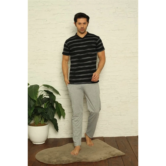 Moda Erkek Siyah V Yaka 3lü Pijama Takım