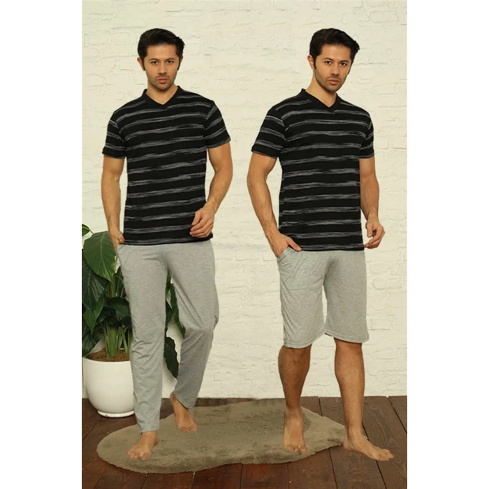 Moda Erkek Siyah V Yaka 3lü Pijama Takım