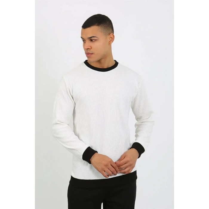 Moda Erkek Uzun Kol Manşetli Paça Penye Pijama Takımı Beyaz