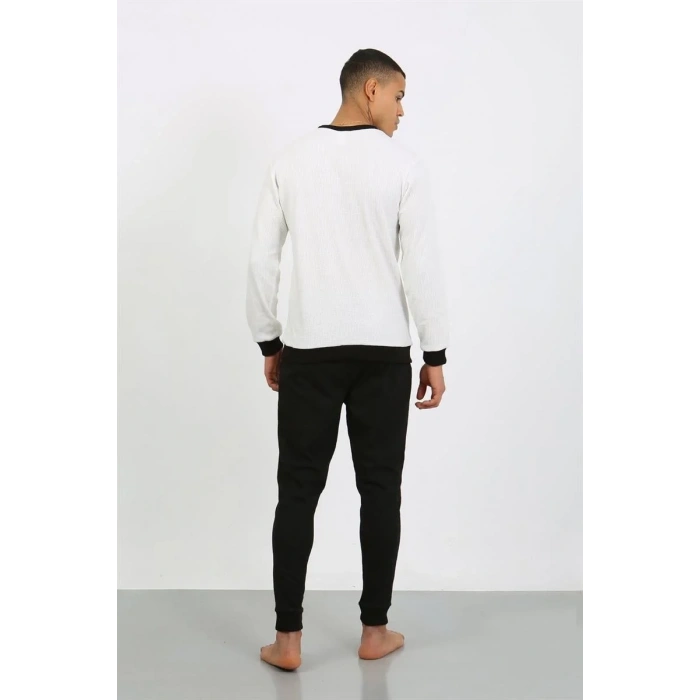 Moda Erkek Uzun Kol Manşetli Paça Penye Pijama Takımı Beyaz