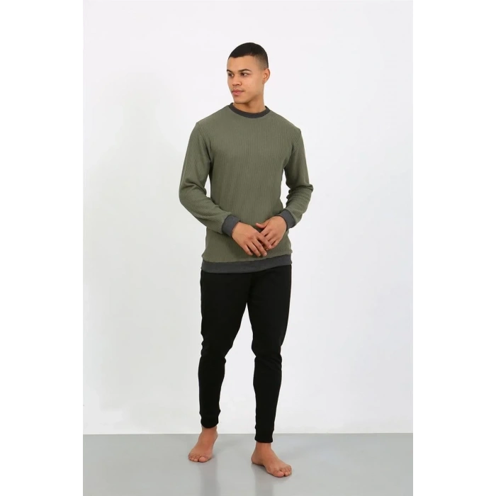Moda Erkek Uzun Kol Manşetli Paça Penye Pijama Takımı Haki