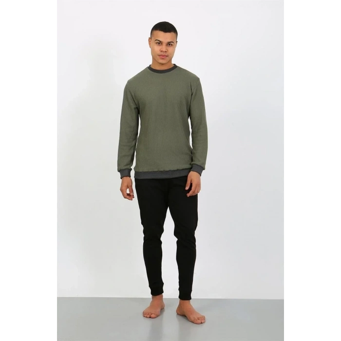 Moda Erkek Uzun Kol Manşetli Paça Penye Pijama Takımı Haki