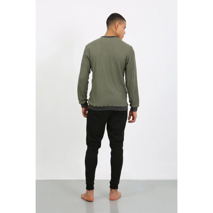 Moda Erkek Uzun Kol Manşetli Paça Penye Pijama Takımı Haki