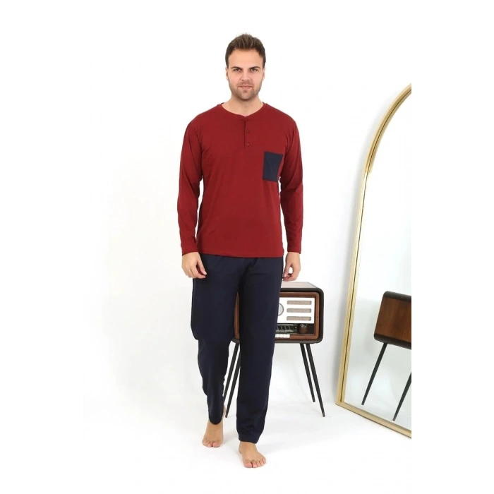 Moda Erkek Uzun Kol Penye Bordo Pijama Takımı