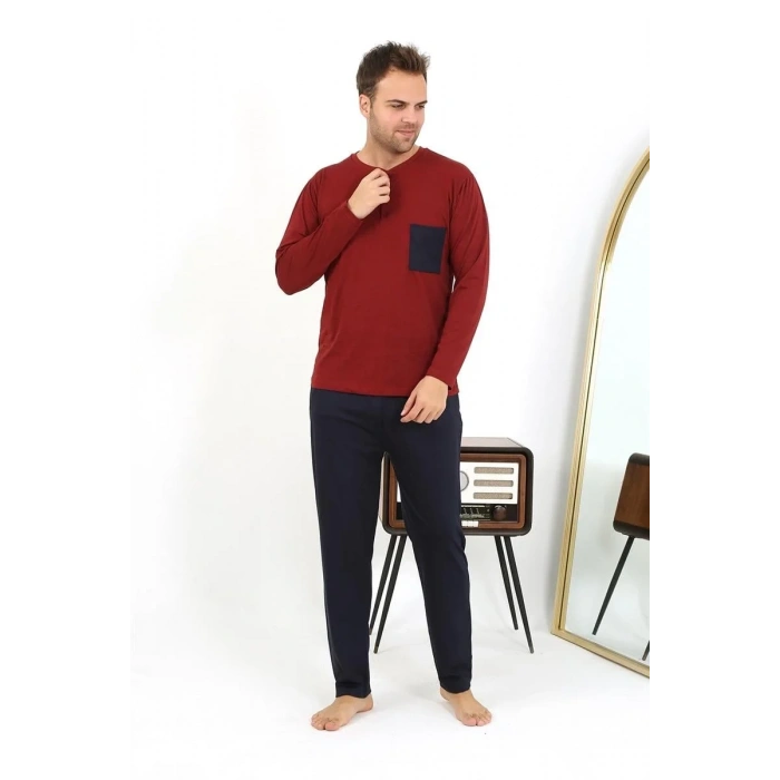 Moda Erkek Uzun Kol Penye Bordo Pijama Takımı