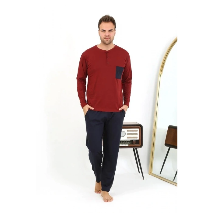 Moda Erkek Uzun Kol Penye Bordo Pijama Takımı