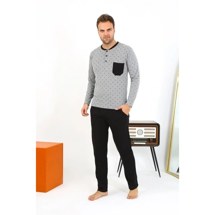 Moda Erkek Uzun Kol Penye Füme Pijama Takımı