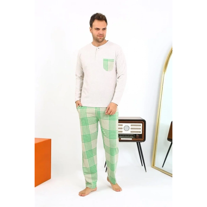 Moda Erkek Uzun Kol Penye Krem Pijama Takımı