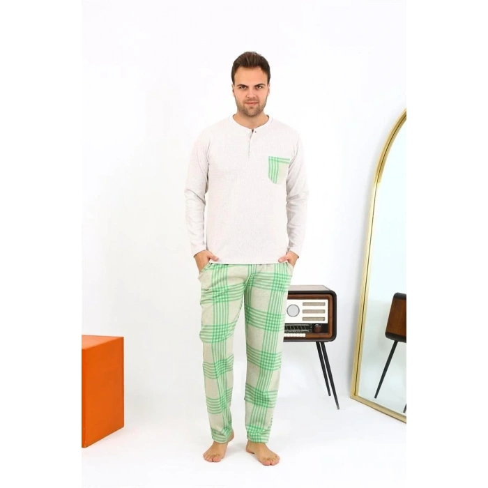 Moda Erkek Uzun Kol Penye Krem Pijama Takımı