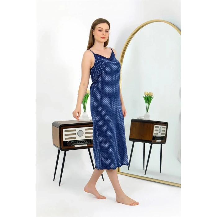 Moda İp Askılı Uzun Yırtmaçlı Penye Gecelik Lacivert