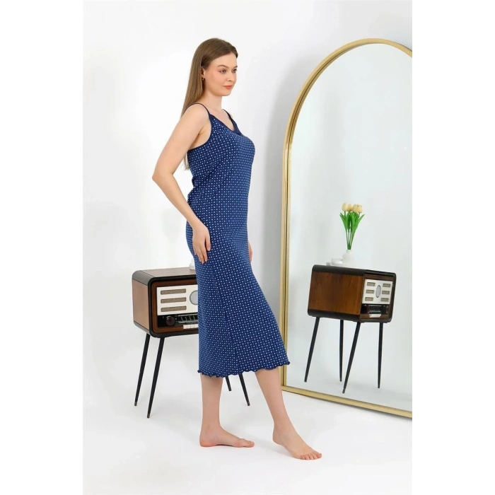 Moda İp Askılı Uzun Yırtmaçlı Penye Gecelik Lacivert