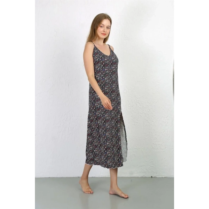 Moda İp Askılı Uzun Yırtmaçlı Penye Gecelik Lacivert