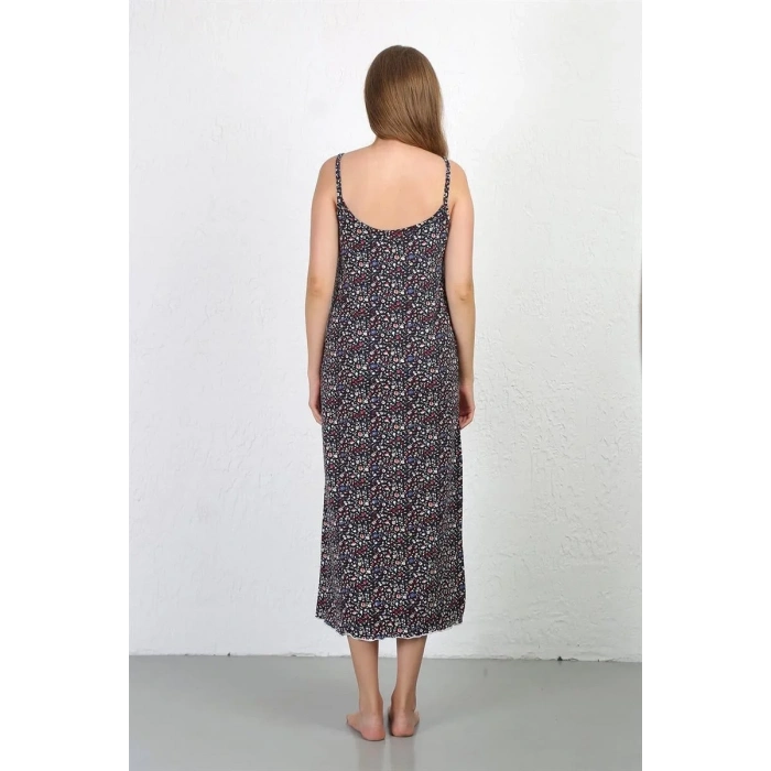 Moda İp Askılı Uzun Yırtmaçlı Penye Gecelik Lacivert