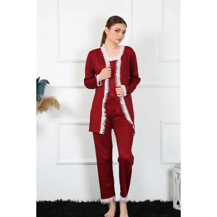Moda Kadın 3lü Bordo Sabahlık Takım
